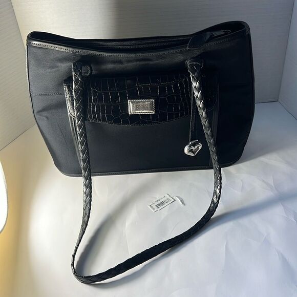 VINTAGE BRIGHTON BLACK NYLON TOTE W/ORGANIZER CAREER‎ FLAP SHOULDER DESIGNER - Picture 3 of 14